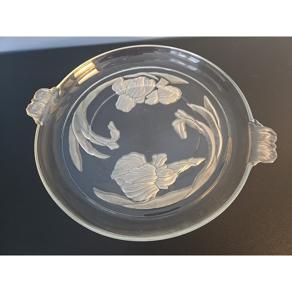 Mikasa vintage iris etched frosted glass crystal floral platter 12" diameter